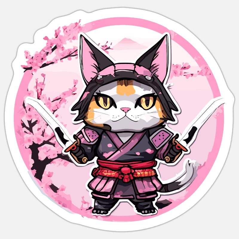 Samurai Katze & Kirschblüten #1 Sticker Größe S (10 x 10 cm)