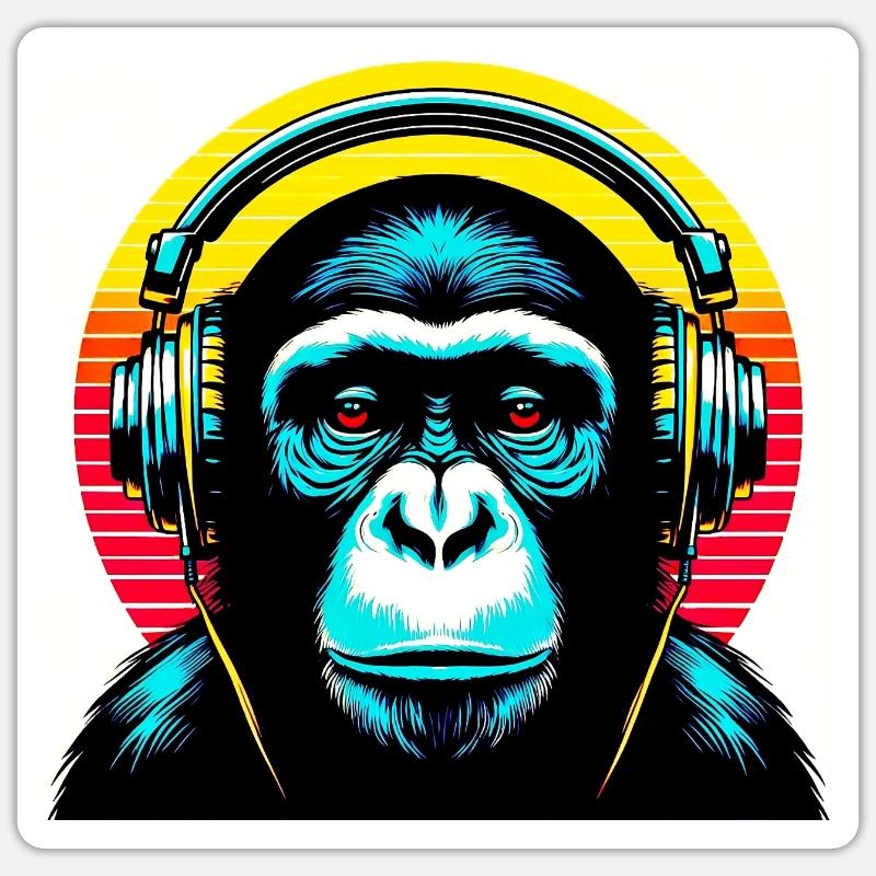 Schimpansenaffe hört Musik mit Kopfhörern Sticker Größe S (10 x 10 cm)