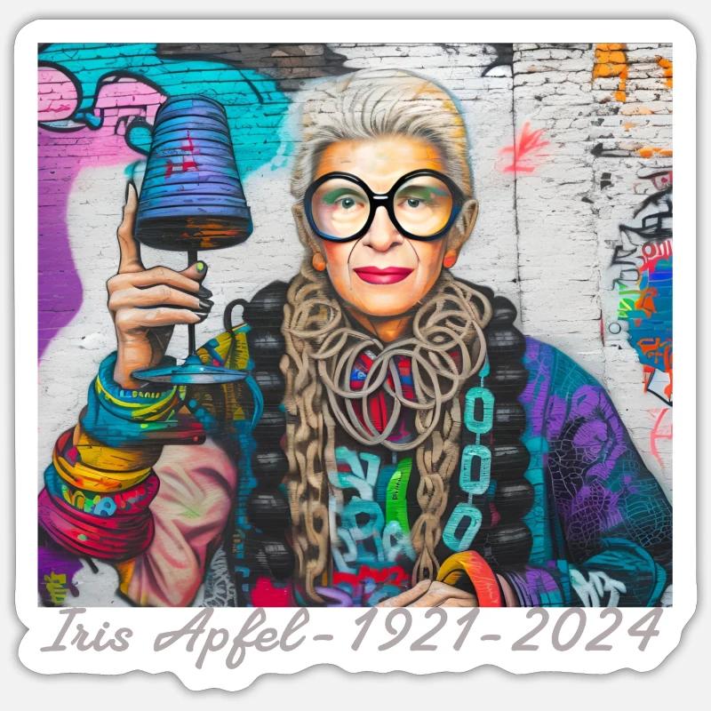 Illustration, bunt, Graffiti, Iris Apfel - Sticker Größe S (10 x 10 cm) - Mattweiß
