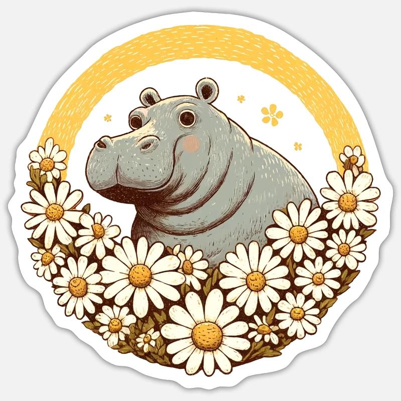 Nilpferd Gänseblümchen - Sticker Größe S (10 x 10 cm) - Mattweiß