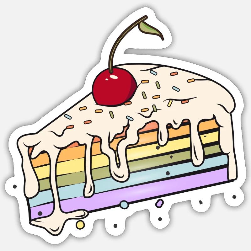 Stück Regenbogen Kuchen mit Kirsche im Comic Stil Sticker Größe S (10 x 10 cm)