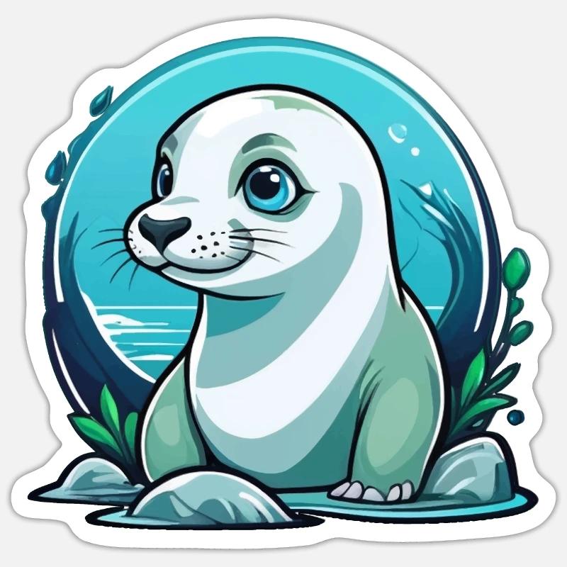 Junge Robbe auf Entdeckertour - Sticker Größe S (10 x 10 cm) - Mattweiß