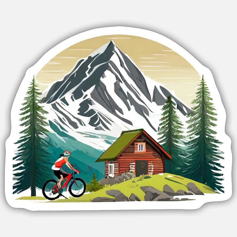 VTT devant un refuge de montagne Sticker taille S (10 x 10 cm)