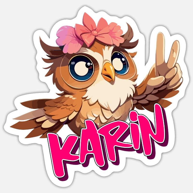 KARIN - Schöner Mädchen Name mit süßer EULE Sticker Größe S (10 x 10 cm)