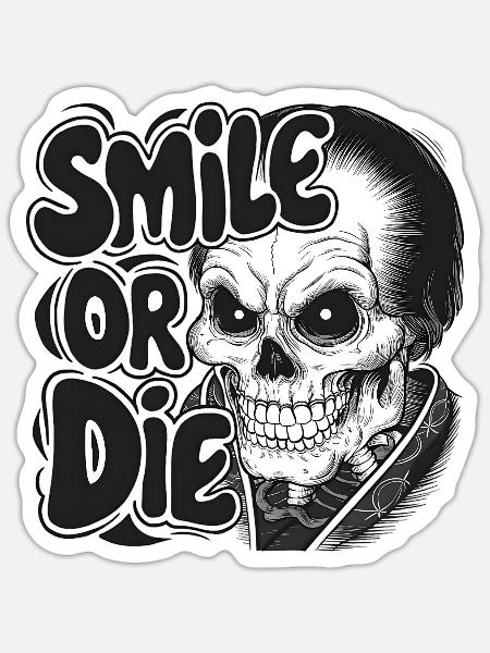 Vampirskelett mit Text Lächeln oder Sterben - Sticker Größe S (10 x 10 cm) - Mattweiß