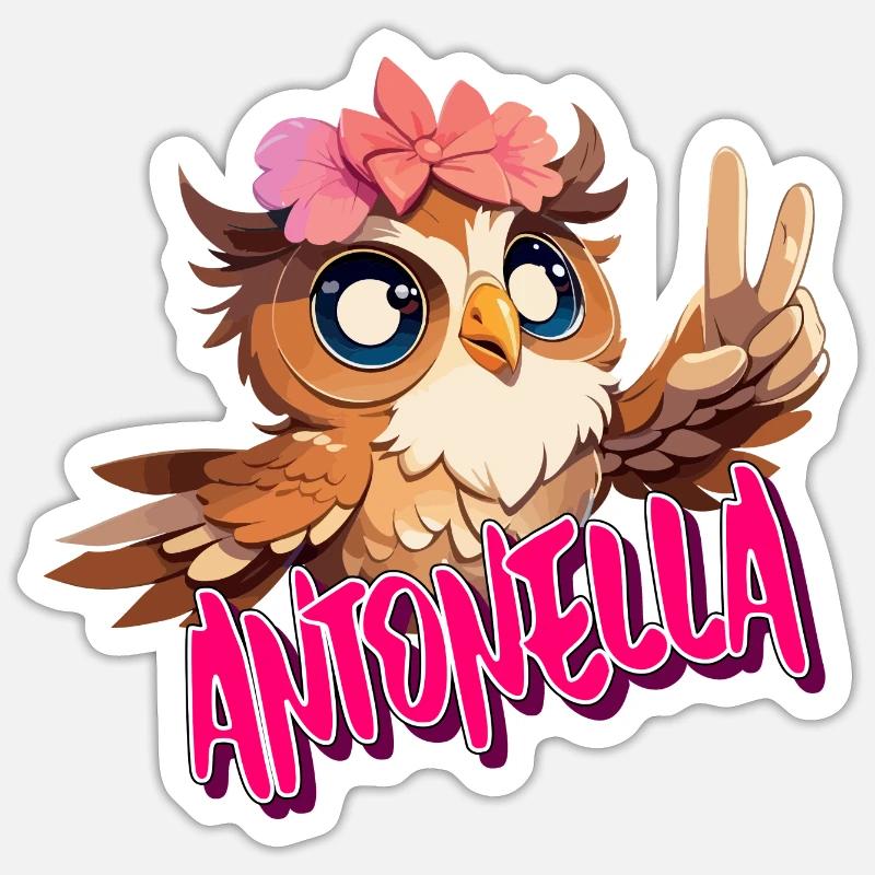 ANTONELLA - Schöner Mädchen Name mit süßer EULE Sticker Größe S (10 x 10 cm)