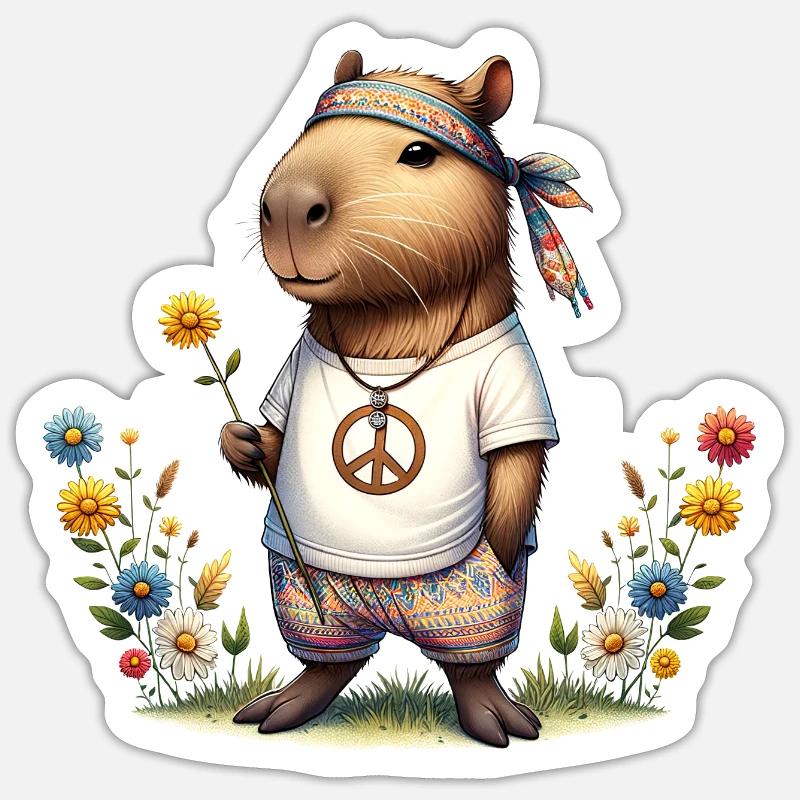 Capybara Hippie Peace - Sticker size S (10 x 10 cm) - white matte