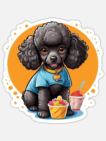 Schwarzer Pudel beim Dessert - Sticker Größe S (10 x 10 cm) - Mattweiß