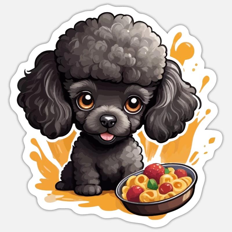 Schwarzer Pudel mit lecker Essen Sticker Größe S (10 x 10 cm)