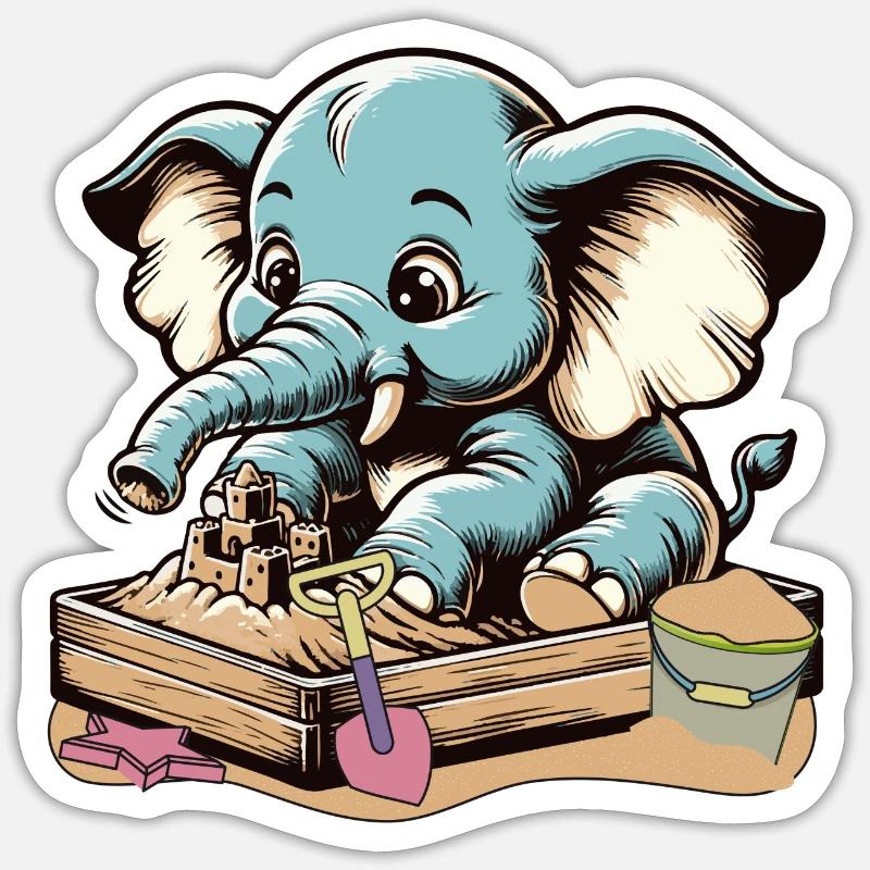 Mignon éléphant de dessin animé bleu dans le bac à sable Sticker taille S (10 x 10 cm)