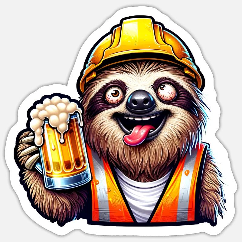 Faultier Bauarbeiter Mit Bier Btrunken Lustig Sticker Größe S (10 x 10 cm)
