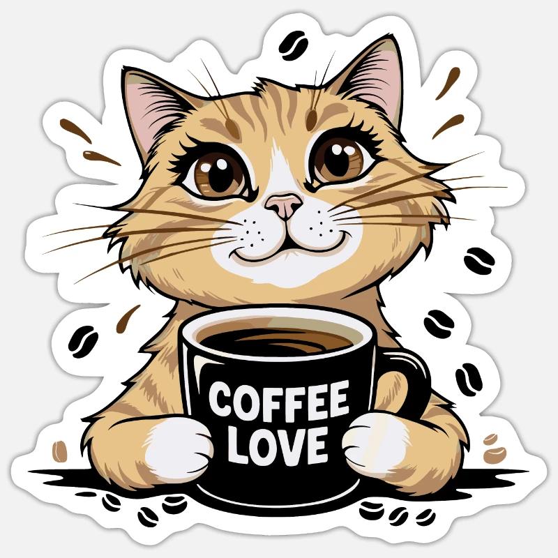 Kaffeeliebe Katze Design - Sticker Größe S (10 x 10 cm) - Mattweiß