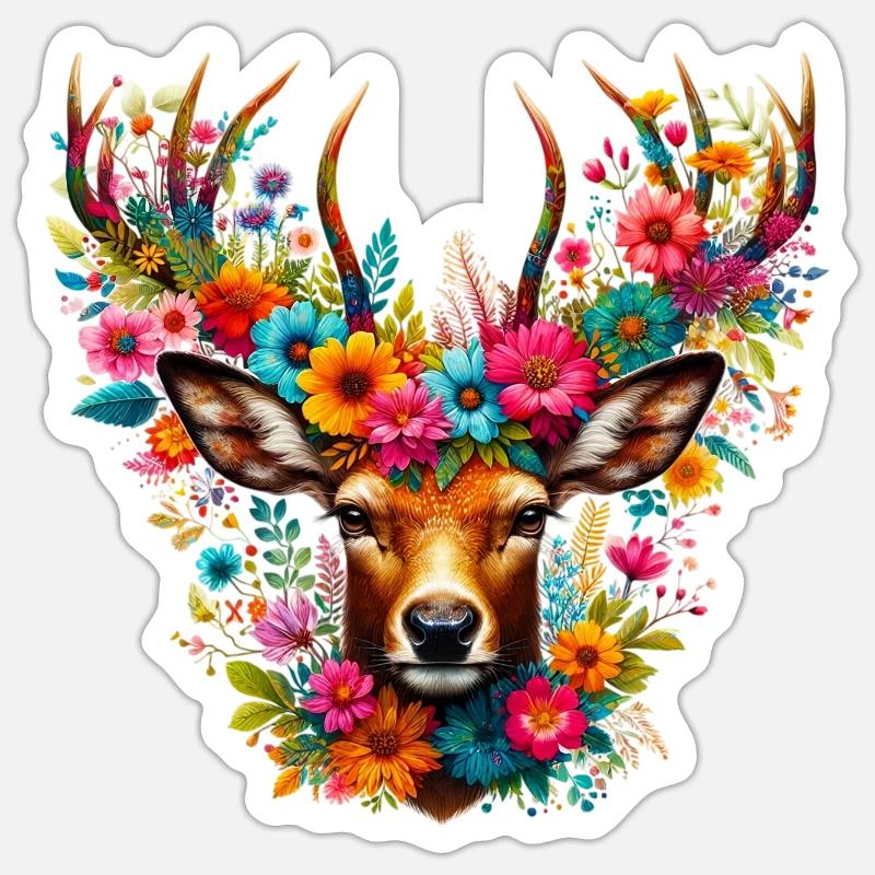 Cerf décoré de fleurs Sticker taille S (10 x 10 cm)
