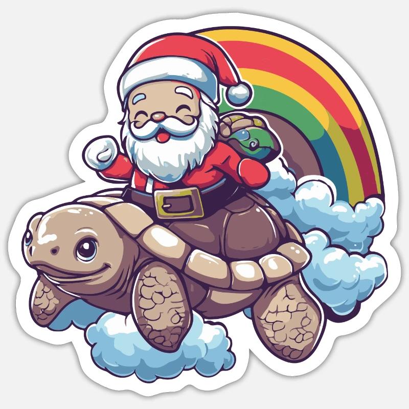 Schildkröte Weihnachtsmann Regenbogen - Sticker Größe S (10 x 10 cm) - Mattweiß