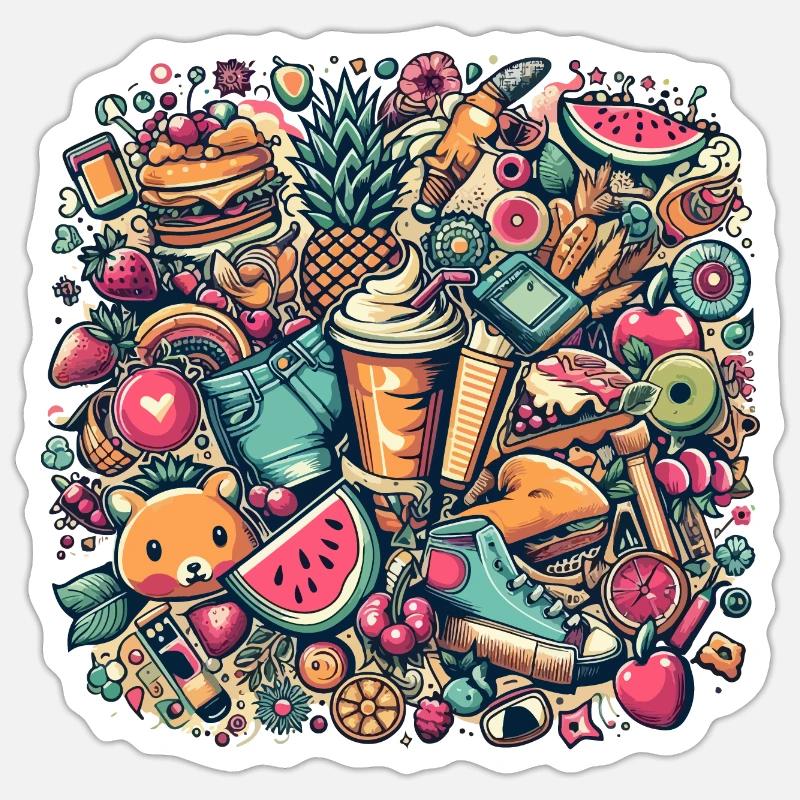 Collage coloré de délices et d’objets d’été Sticker taille S (10 x 10 cm)