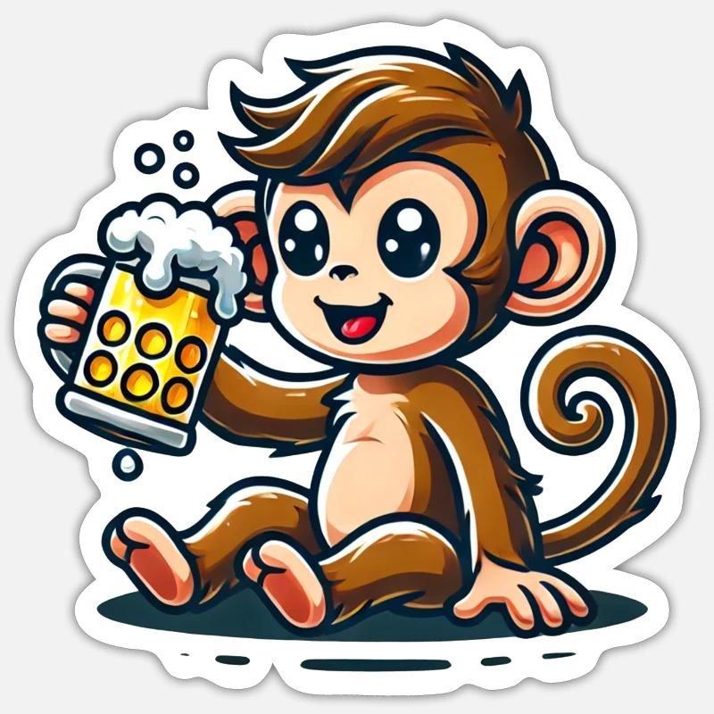 Cute Monkey Drinking Beer - Sticker Größe S (10 x 10 cm) - Mattweiß