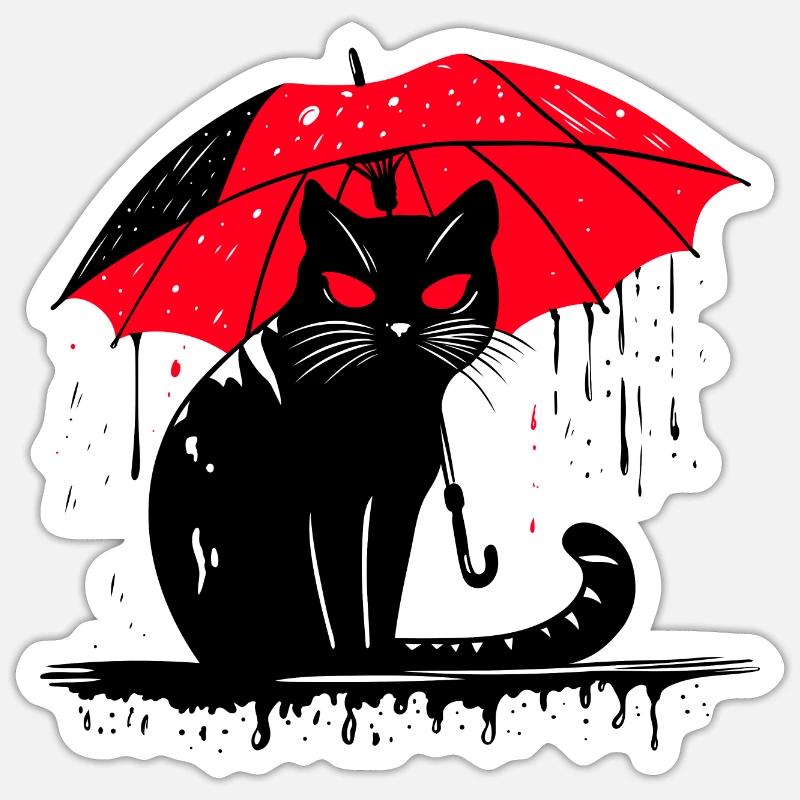 Chat avec parapluie – mauvais temps - Sticker taille S (10 x 10 cm) - blanc mat