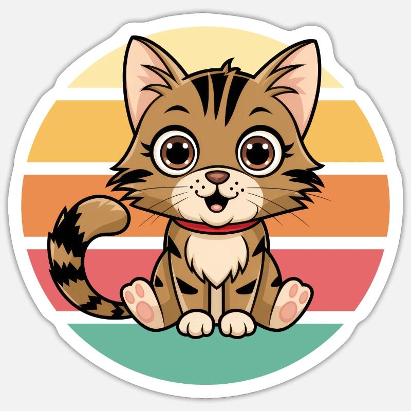 Mignon dessin animé chat Vintage coucher de soleil - Sticker taille S (10 x 10 cm) - blanc mat
