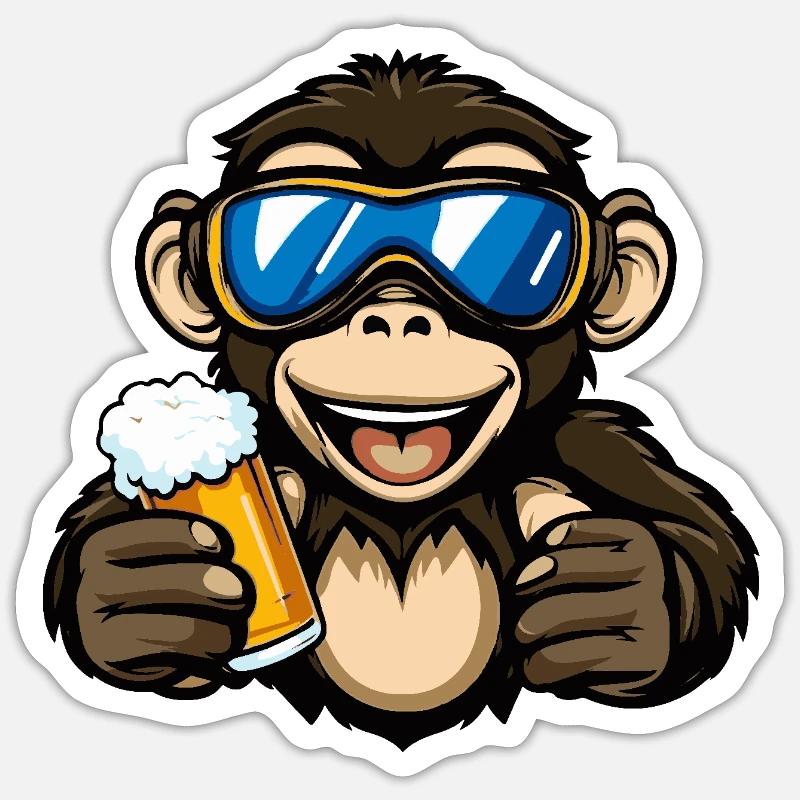 Affe Apres Ski Bier - Sticker Größe S (10 x 10 cm) - Mattweiß