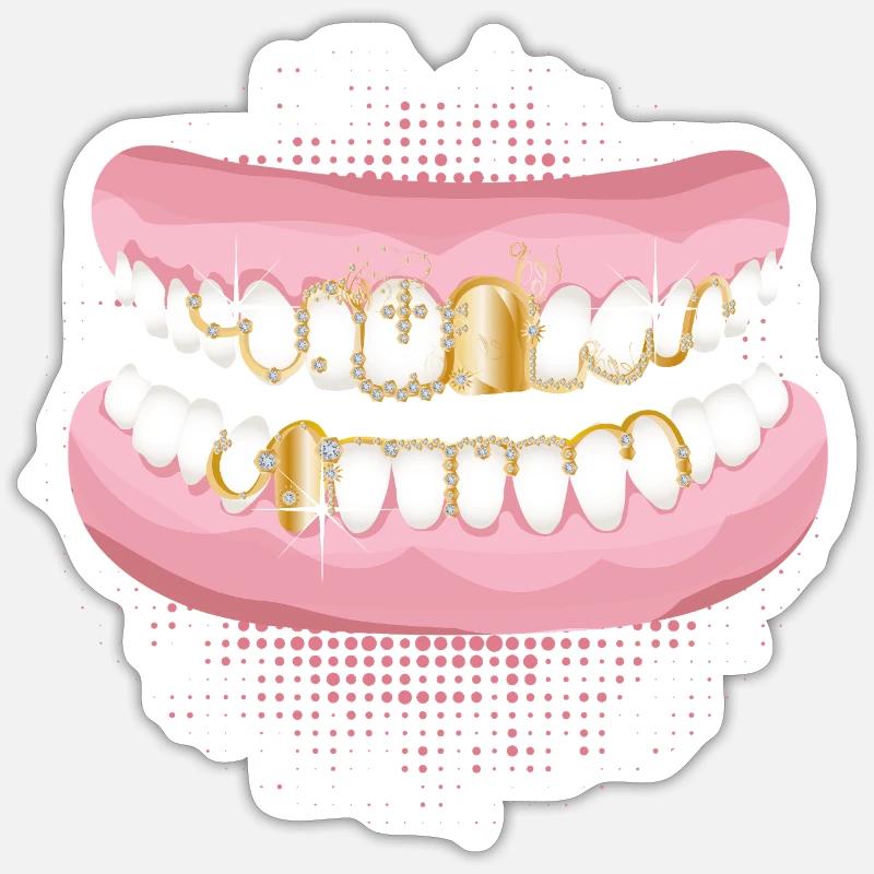 Deux rangées de dents avec un motif de grilles dorées opulentes - Sticker taille S (10 x 10 cm) - blanc mat