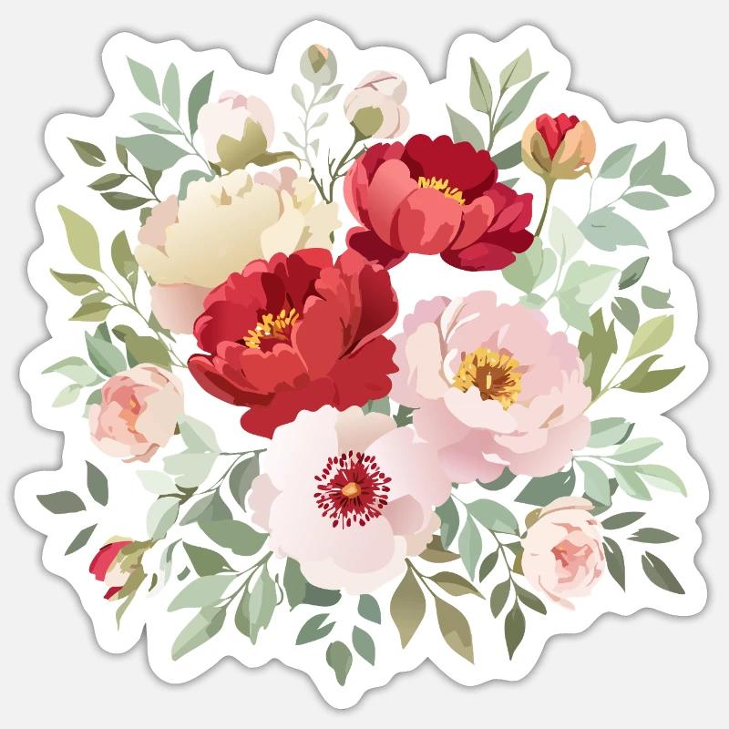Bouquet de fleurs, pivoines, coquelicots, millésime, fleur - Sticker taille S (10 x 10 cm) - blanc mat