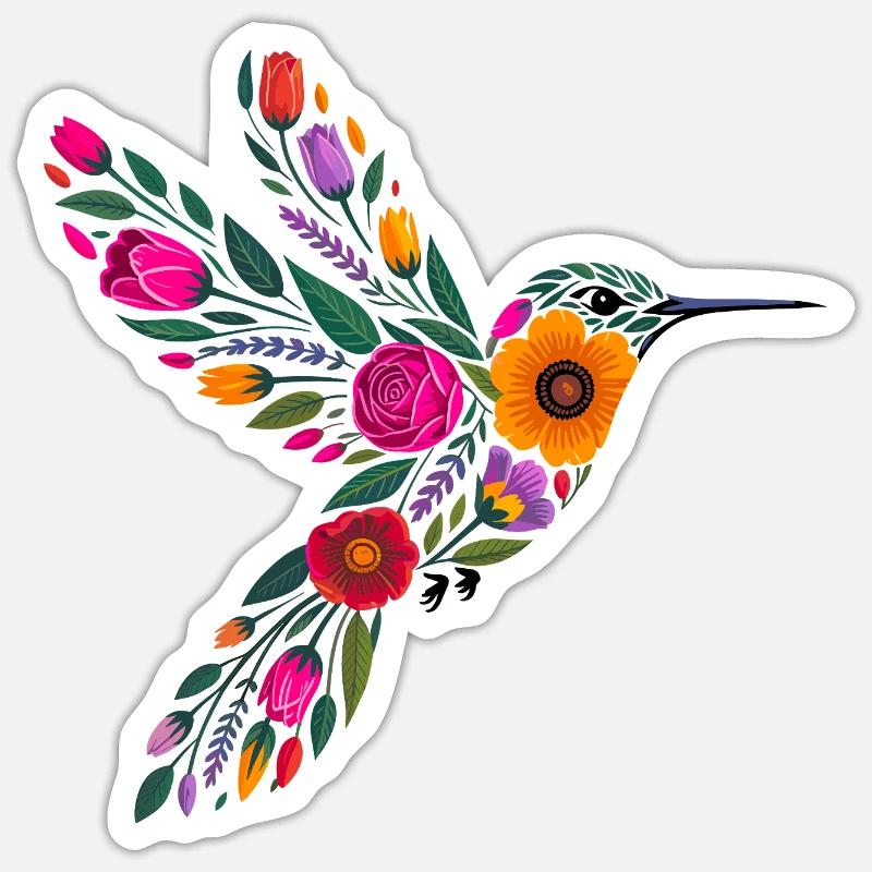 Graphisme Colibri Fleurs - Sticker taille S (10 x 10 cm) - blanc mat