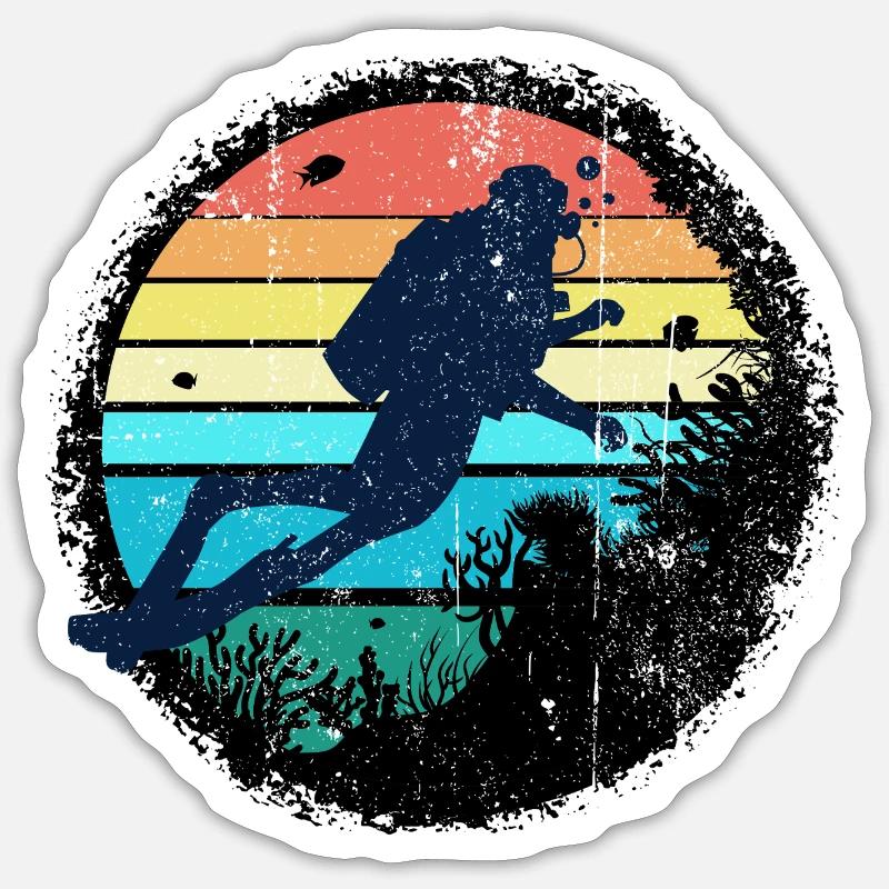 Underwater Diver Silhouette with Rainbow Sunset - Sticker size S (10 x 10 cm) - white matte