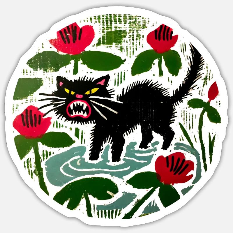 Chat noir et coquelicots - Sticker taille S (10 x 10 cm) - blanc mat