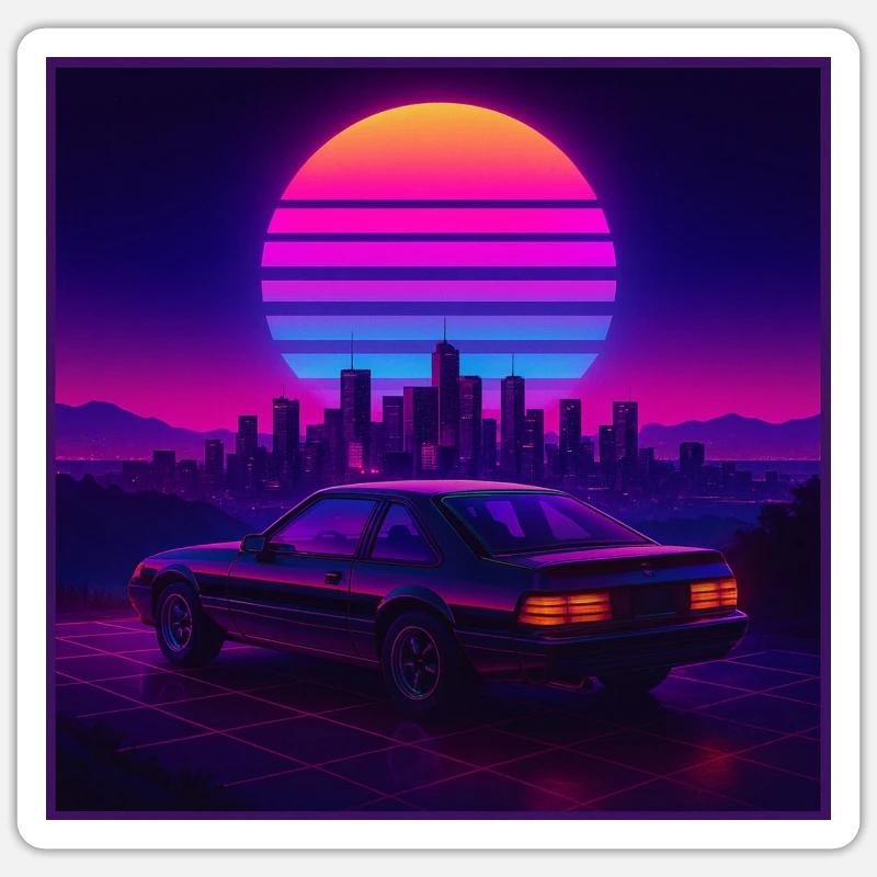 Neon Outrun Sunset Car – Synthwave rétro - Sticker taille S (10 x 10 cm) - blanc mat