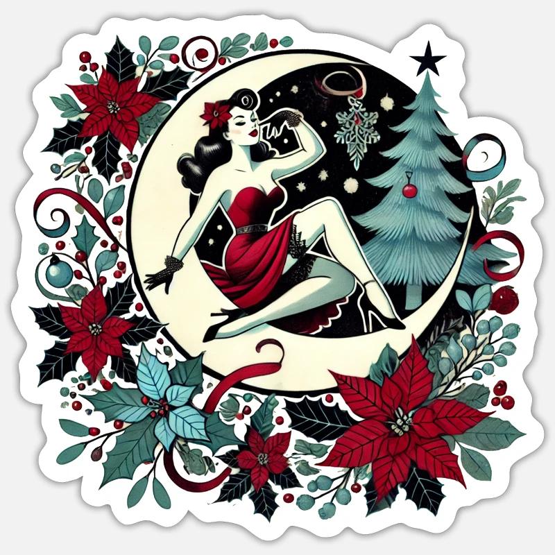 Mondschein Pinup Weihnachtskranz Sticker Größe S (10 x 10 cm)