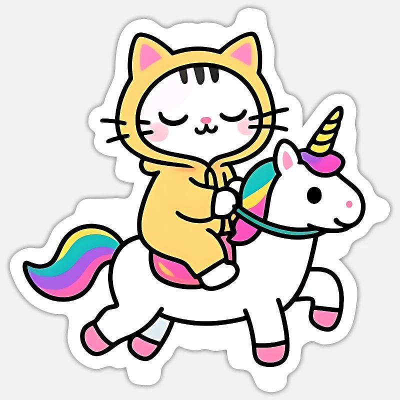 Katze auf einem Regenbogen-Einhorn - Sticker Größe S (10 x 10 cm) - Mattweiß