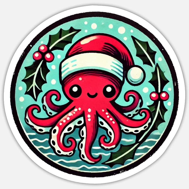 Santa Octopus Christmas Patch - Sticker size S (10 x 10 cm) - white matte