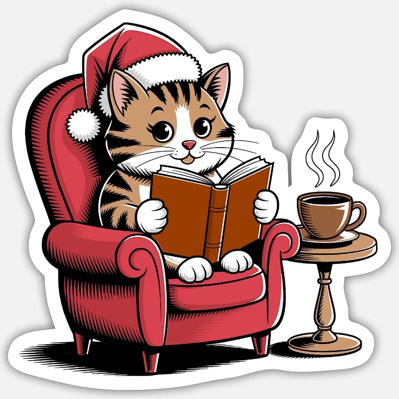  Weihnachts Katze die ein Buch liest -Cozy - Sticker Größe S (10 x 10 cm) - Mattweiß