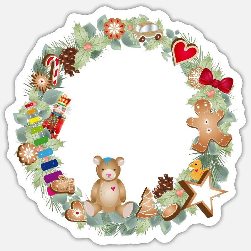 Bunter Weihnachtskranz mit Spielzeug und Lebkuchen - Sticker Größe S (10 x 10 cm) - Mattweiß