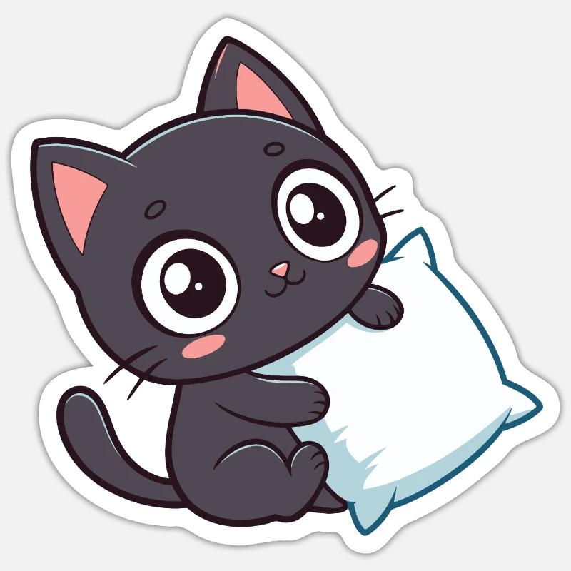 Black Kitten Cuddle and Pillow - Sticker size S (10 x 10 cm) - white matte