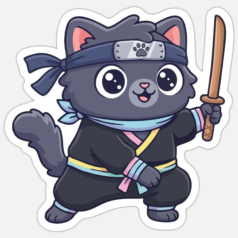 Ninja-Katze im Samurai-Outfit - Sticker Größe S (10 x 10 cm) - Mattweiß