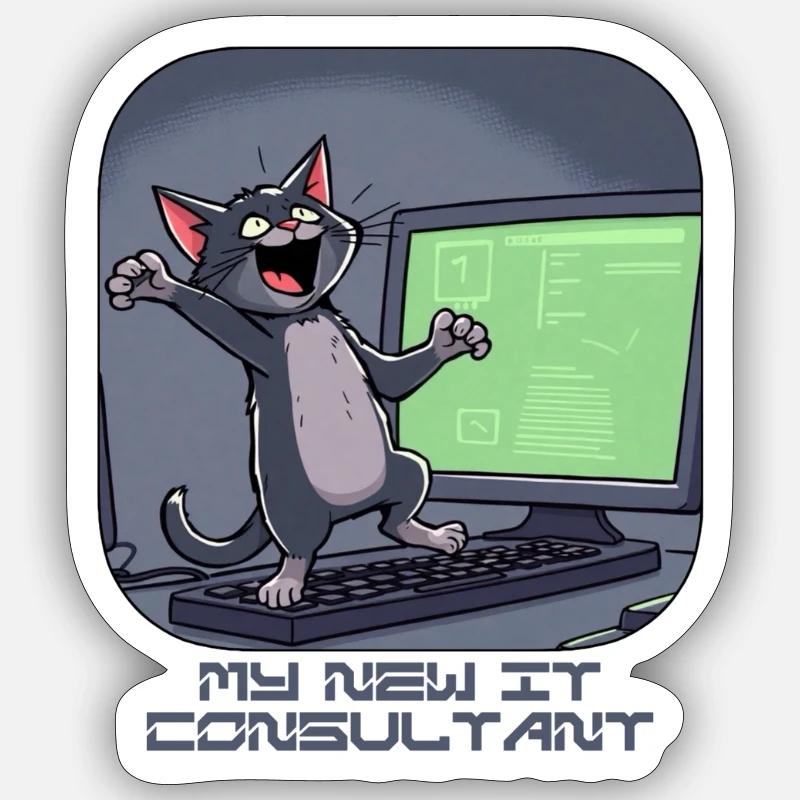 IT cat at the computer - Sticker size S (10 x 10 cm) - white matte