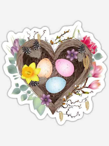 Herzförmiges Nest mit bunten Ostereiern - Sticker Größe S (10 x 10 cm) - Mattweiß