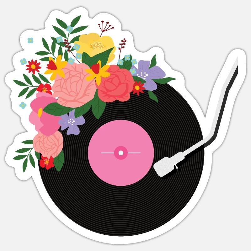 Disque vinyle fleuri - Sticker taille S (10 x 10 cm) - blanc mat