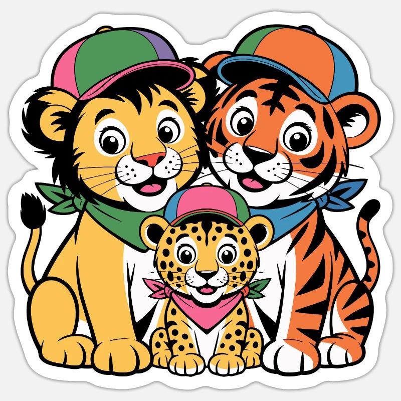 Amis Lion Tigre Léopard mignons - Sticker taille S (10 x 10 cm) - blanc mat