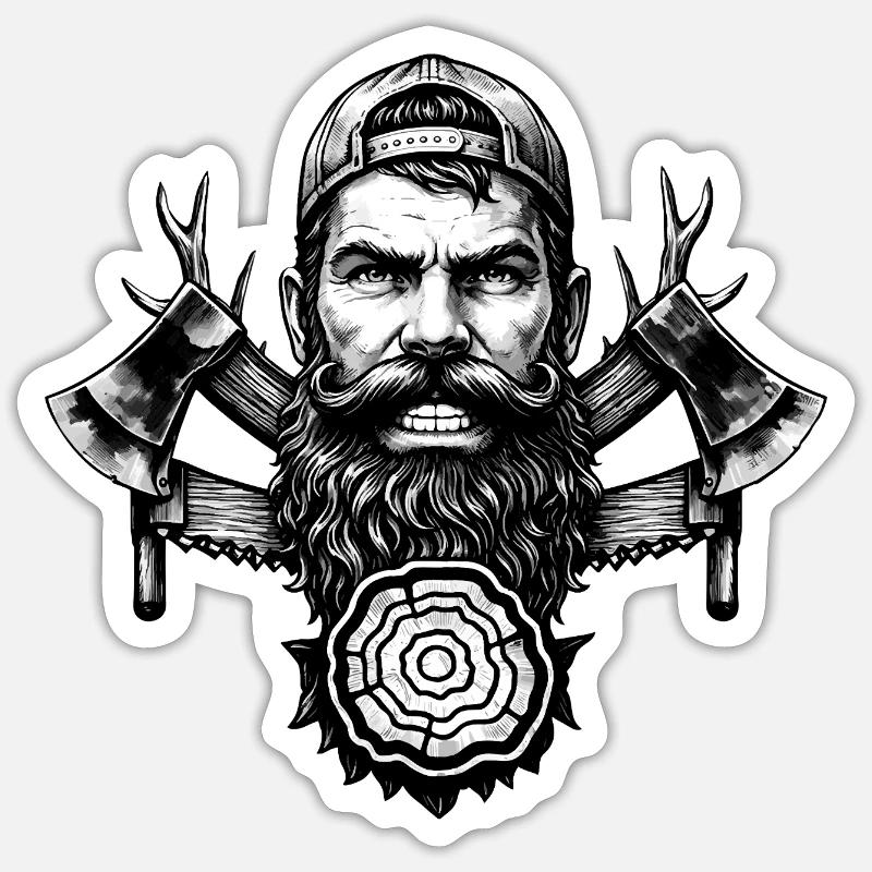 Lumberjack with beard, axes and tree trunk Sticker size S (10 x 10 cm)