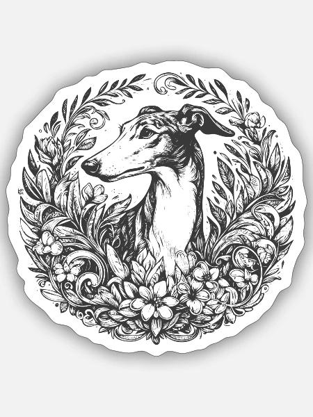Galgoportrait im floralen Kranz - Sticker Größe S (10 x 10 cm) - Mattweiß