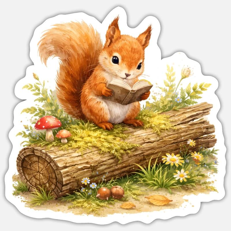 Squirrel Reading Book Illustration Sticker size S (10 x 10 cm)