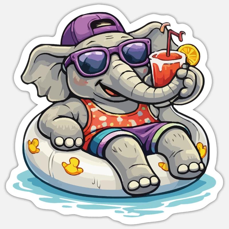 Éléphant de plage avec boisson - Sticker taille S (10 x 10 cm) - blanc mat