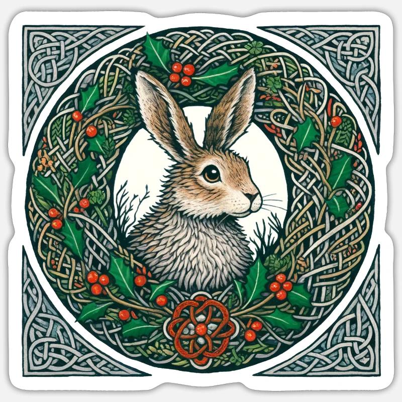 Hare in Celtic Winter Wreath - Sticker size S (10 x 10 cm) - white matte