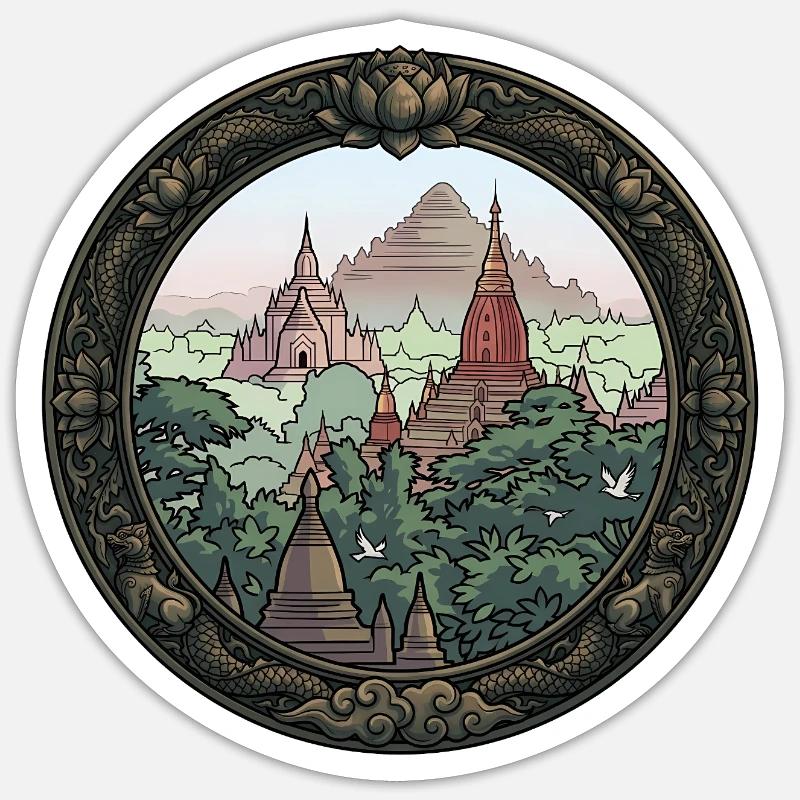 Dschungel Tempel Rundbild - Sticker Größe S (10 x 10 cm) - Mattweiß