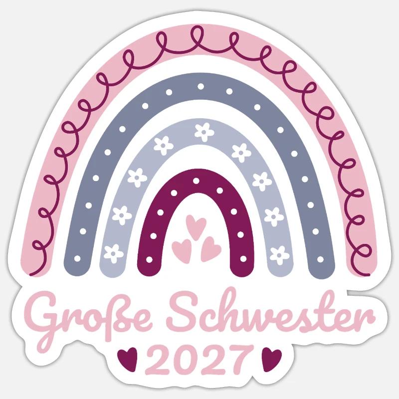 Große Schwester 2027 Boho Regenbogen pastell - Sticker Größe S (10 x 10 cm) - Mattweiß