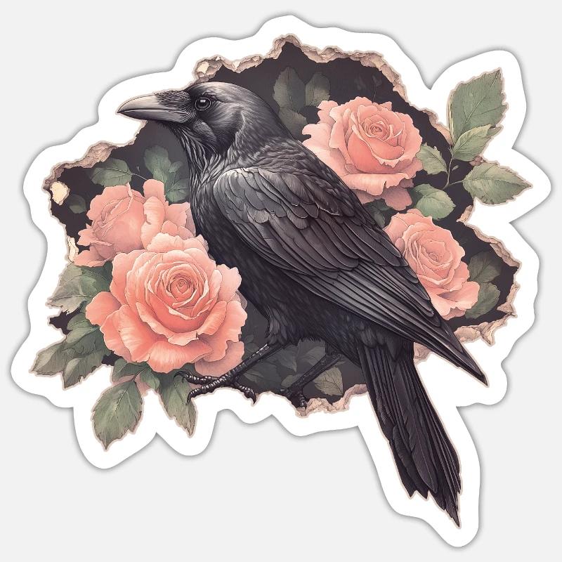 Ravn med roser - Sticker størrelse S (10 x 10 cm) - mat hvid