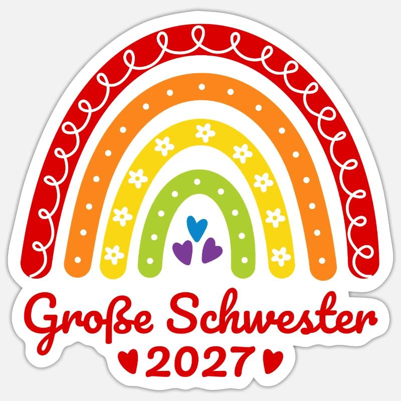 Große Schwester 2027 Boho Regenbogen bunt - Sticker Größe S (10 x 10 cm) - Mattweiß