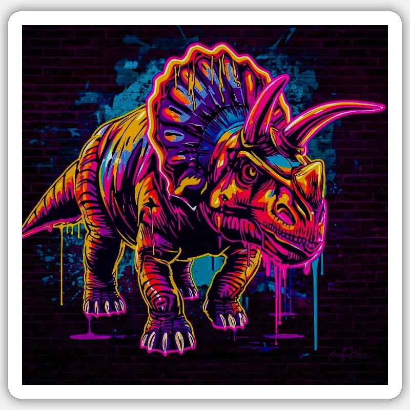 Graffiti Tricératops néon - Sticker taille S (10 x 10 cm) - blanc mat